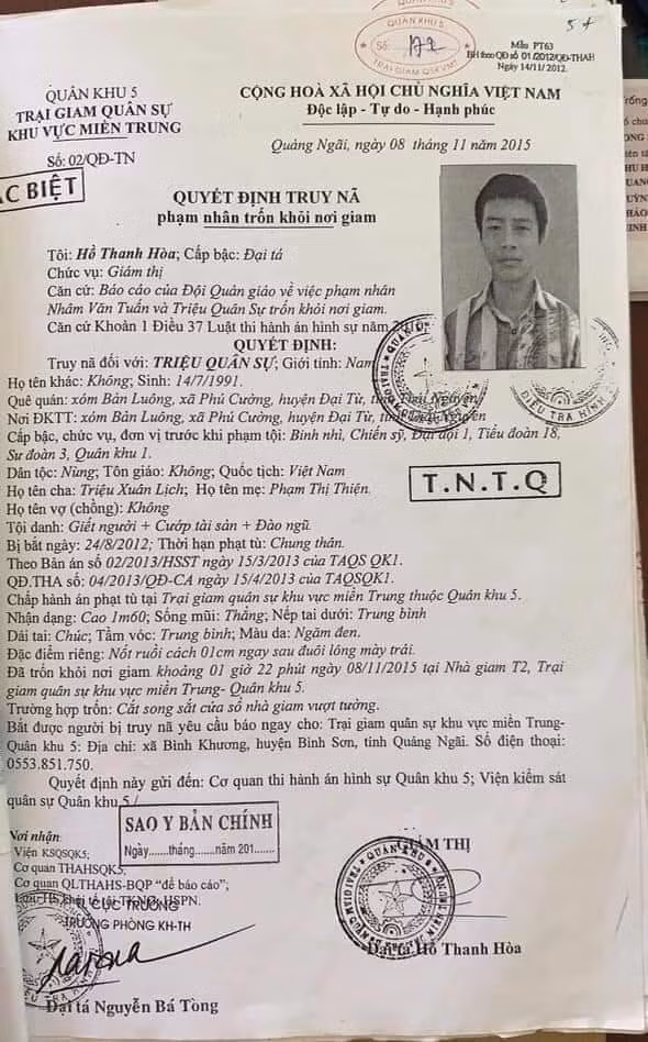 Quyết định truy nã đối tượng Triệu Quân Sự.