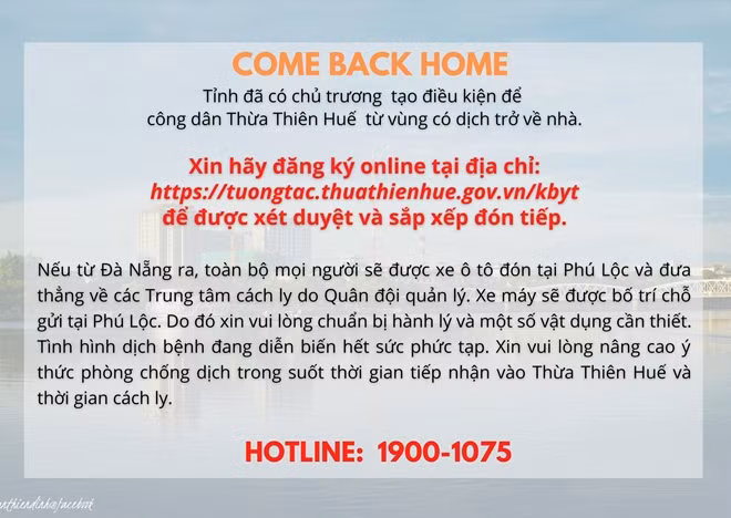 Người dân ở vùng dịch có nhu cầu trở về tỉnh Thừa Thiên Huế cần truy cập, đăng ký online theo địa chỉ https://tuongtac.thuathienhue.gov.vn/kbyt.