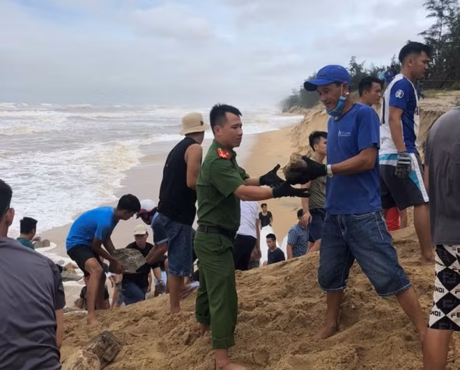 Sau bão số 9, nhiều đoạn bờ biển ở xã Phú Thuận bị sạt lở nghiêm trọng, chính quyền xã huy động nhân lực khẩn trương khắc phục.