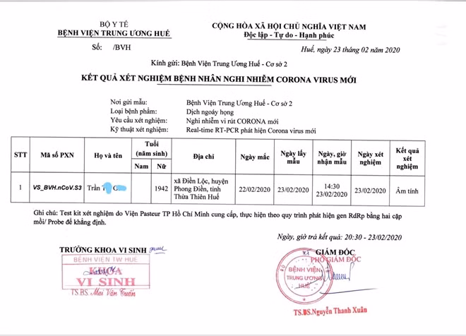 Kết quả xét nghiệm của Bệnh viện T.Ư Huế cho thấy bà G. âm tính với Covid-19.