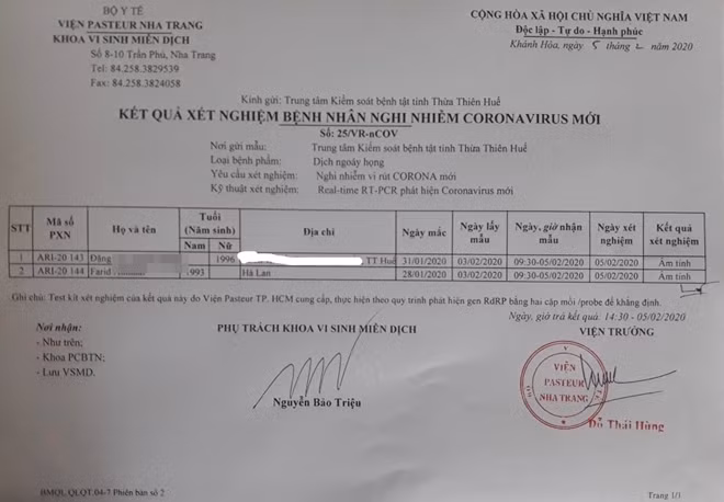 Kết quả xét nghiệm của Viện Pasteur Nha Trang cho thấy 2 bệnh nhân Đ.T.T.H và F.A đều âm tính với virus Corona.