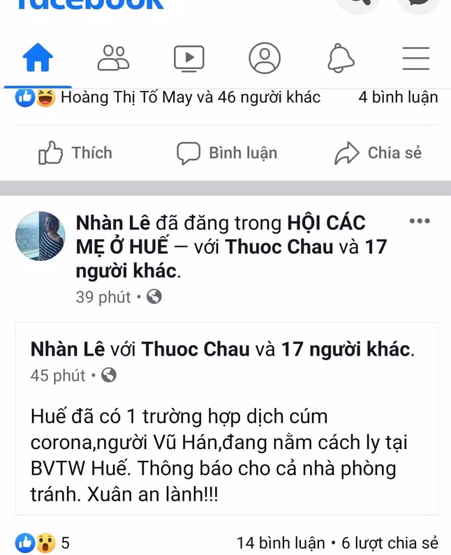 Thông tin do chủ tài khoản facebook Nhàn Lê đăng tải trên trang mạng cá nhân gây hoang mang dư luận ở Huế. Thông tin do chủ tài khoản facebook Nhàn Lê đăng tải trên trang mạng cá nhân gây hoang mang dư luận ở Huế.