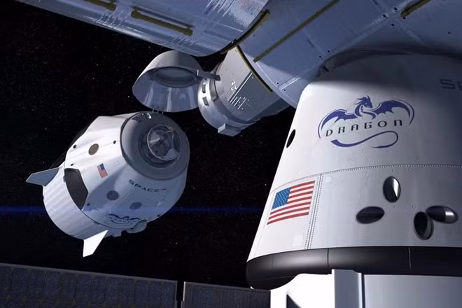 Mẫu concept tàu vũ trụ SpaceX Crew Dragon kết nối với Trạm Vũ trụ Quốc tế ISS. Ảnh: SpaceX.