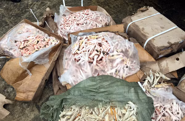 2,4 tấn chân gà bốc mùi hôi thối chuẩn bị đưa đi tiêu thụ bị Đội QLTT số 14 thu giữ.