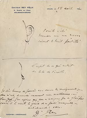 Bức thư có hình vẽ tai của Van Gogh trước và sau khi bị cắt.