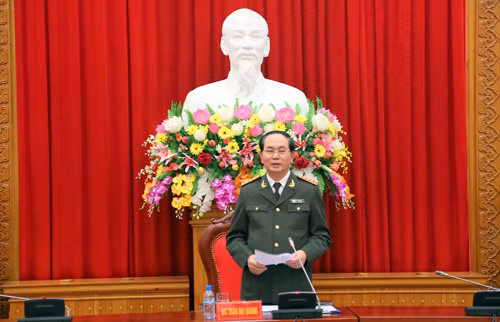 Đại tướng Trần Đại Quang, Ủy viên Bộ Chính trị, Bí thư Đảng ủy Công an Trung ương, Bộ trưởng Bộ Công an phát biểu tại Hội nghị.