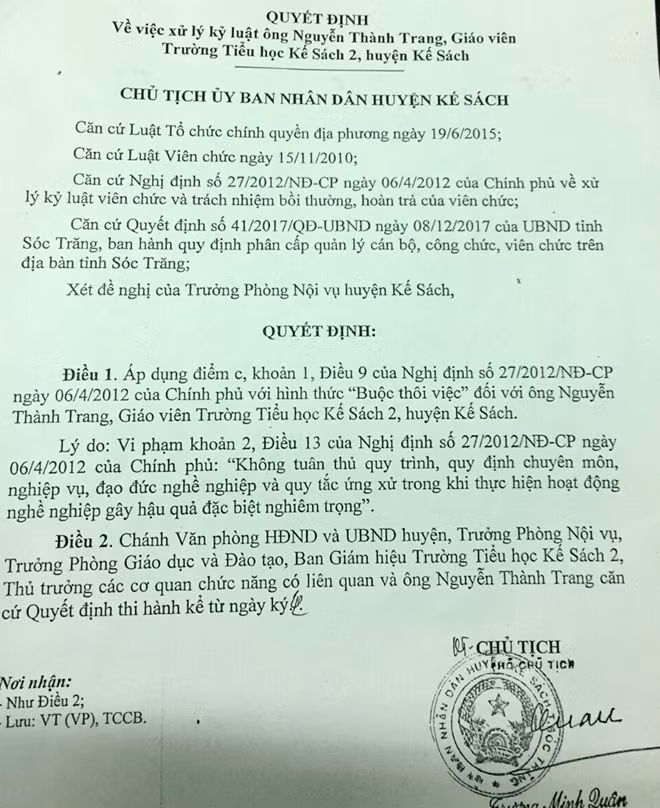 Quyết định kỷ luật buộc thôi việc của UBND huyện Kế Sách đối với ông Trang.