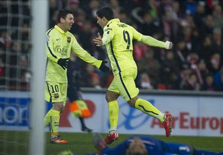 Messi và Suarez chia vui sau bàn nhân đôi cách biệt. Ảnh: Reuters Messi và Suarez chia vui sau bàn nhân đôi cách biệt. Ảnh: Reuters