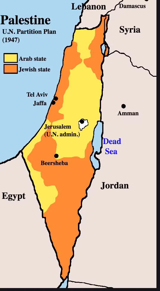 Bản đồ phân chia lãnh thổ Israel-Palestine theo quyết định của Liên hợp quốc vào năm 1947, trong đó màu vàng là lãnh thổ của Palestine, màu cam là lãnh thổ Israel. Ảnh: ITN Bản đồ phân chia lãnh thổ Israel-Palestine theo quyết định của Liên hợp quốc vào năm 1947, trong đó màu vàng là lãnh thổ của Palestine, màu cam là lãnh thổ Israel. Ảnh: ITN