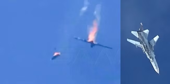 Máy bay Su-24 của Syria bốc cháy trước khi rơi sau đòn tập kích của Thổ Nhĩ Kỳ. Ảnh: SANA