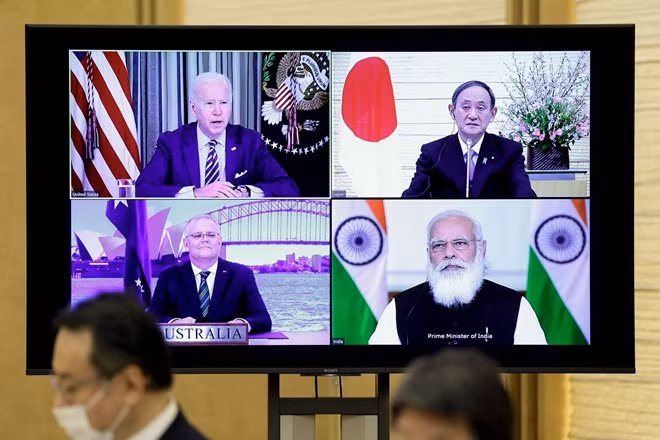 Tổng thống Joe Biden cùng Thủ tướng Yoshihide Suga, Thủ tướng Narendra Modi và Thủ tướng Scott Morrison tại Hội nghị Thượng đỉnh hôm 12/3. Ảnh: Getty Images