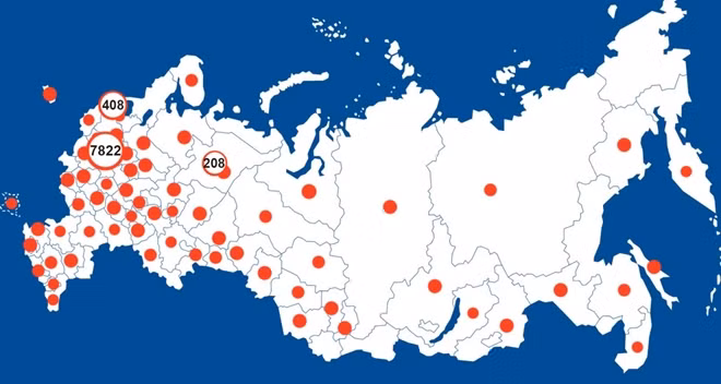 Bản đồ thể hiện số ca nhiễm COVID-19 ở Nga, với Moscow có đến 7.822 người nhiễm. Ảnh: The Moscow Times