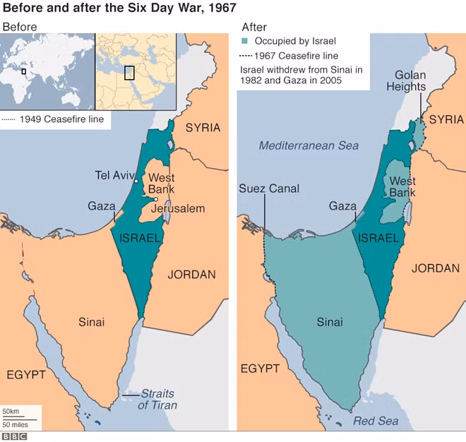 Sau cuộc chiến tranh năm 1967, Israel kiểm soát bán đảo Sinai nằm ở bờ Đông kênh Suez. Ảnh: BBC