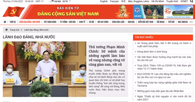Một góc giao diện mới của Báo điện tử Đảng Cộng sản Việt Nam.