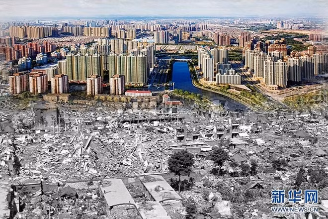Hình ảnh thành phố Đường Sơn hiện nay (trên) và vào thời điểm ngay sau vụ động đất năm 1976. Ảnh: News.cn