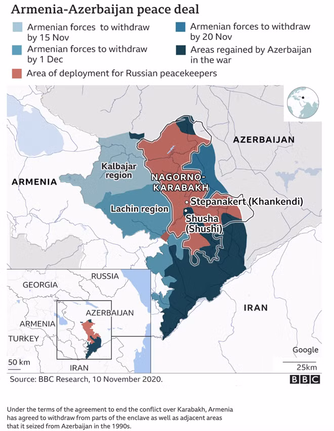 Bản đồ Nagorno-Karabakh và lộ trình rút khỏi khu vực mà Armenia chấp thuận. Ảnh: BBC