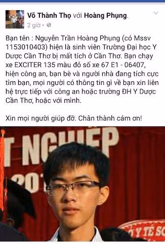 Bạn bè đăng thông tin trên mạng tìm kiếm nam sinh mất tích.