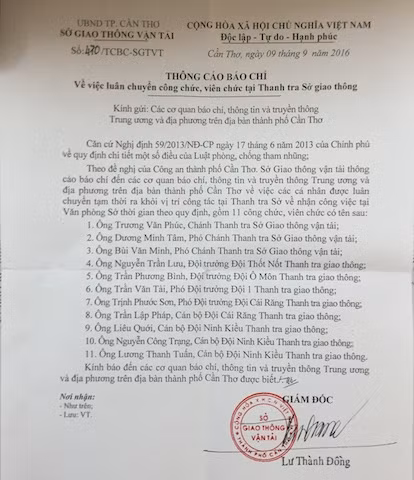 Thông báo của Sở GTVT TP Cần Thơ.