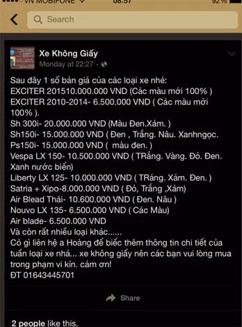Giá xe rẻ đến mức không thể tưởng tượng nổi. Một chiếc SH 150i mới 100% chỉ 20 triệu đồng, giao hàng tận nhà. Tuy nhiên, nếu đọc kỹ cách thức mua bán, người mua bị kích thích bởi giá rẻ, chuyển tiền vào tài khoản, thì biết ngay là trò lừa đảo. Chủ tài khoản chỉ liên lạc bằng điện thoại khi người mua đã chuyển tiền.