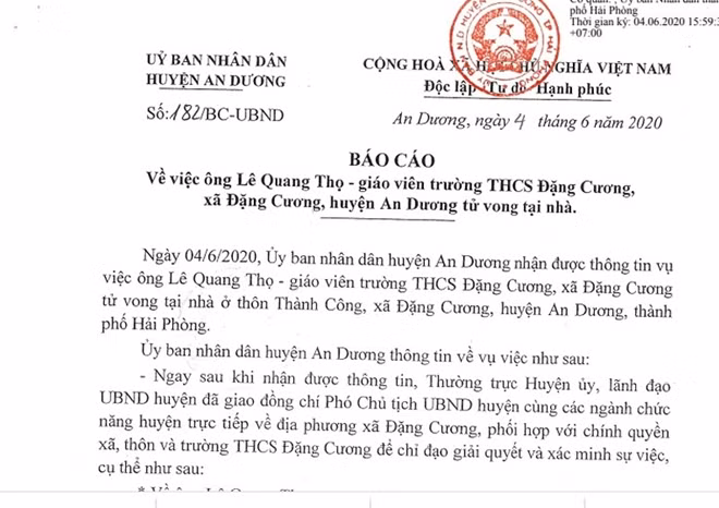 UBND huyện An Dương đã có báo cáo về việc thầy giáo dạy âm nhạc tử vong