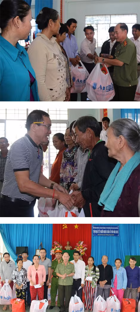 Đại tá Trần Kim Thẩm, Phó Tổng biên tập Báo CAND, ông Lâm Tấn Lợi và các đối tác, Công an thị xã Cai Lậy tặng quà Tết bà con nghèo xã Tân Phú.