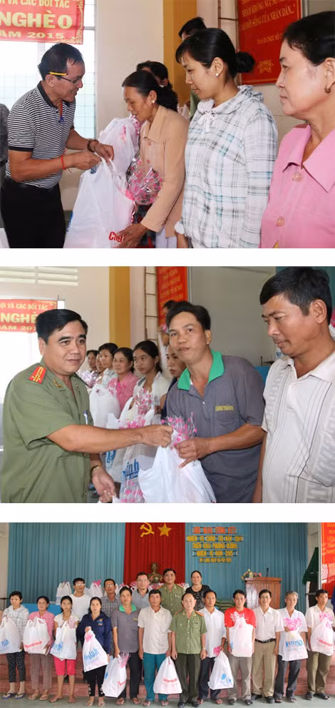 Đại tá Trần Kim Thẩm, ông Lâm Tấn Lợi và các đối tác, Công an huyện Cai Lậy tặng quà Tết bà con nghèo xã Mỹ Long.