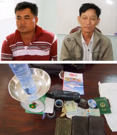 Nguyễn Thanh Dũng và Nguyễn Văn Thơm cùng tang vật.