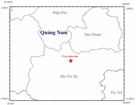 Bản đồ tâm chấn trận động đất 2,7 độ richter xảy ra chiều ngày 10/7 tại khu vực thủy điện Sông Tranh 2 (Nguồn Viện Vật lí địa cầu).