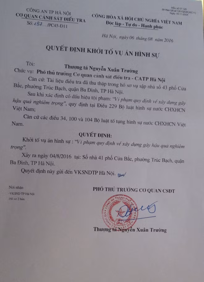 Quyết định khởi tố vụ sập nhà 43 Cửa Bắc, Hà Nội của Phòng CSHS Công an TP Hà Nội