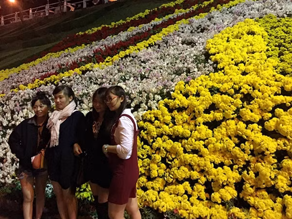 Du khách thích thú với những trảng hoa đầy màu sắc.