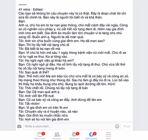 Thông tin thất thiệt trên mạng xã hội về việc lấy nội tạng của người chết.