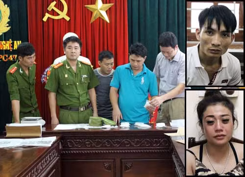 Lực lượng Công an bắt khám xét "ông trùm” Tài và số tang vật thu giữ được. (ảnh nhỏ: Đối tượng Tài và Bích)