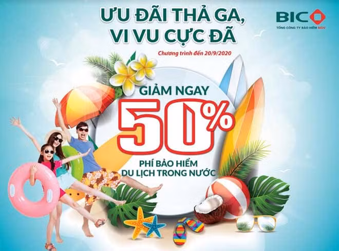 BIC giảm phí 50% cho khách hàng tham gia bảo hiểm du lịch trong nước.