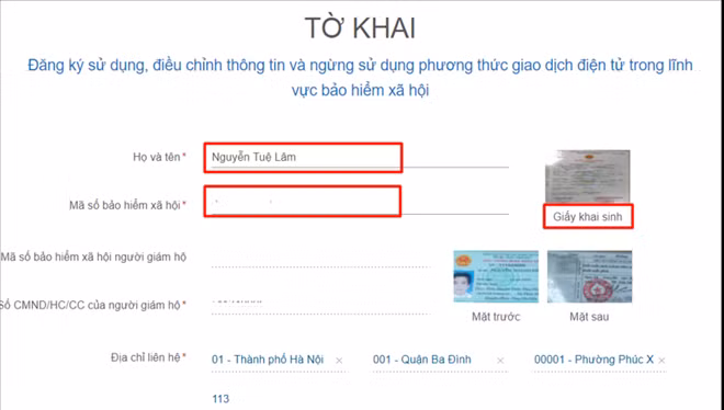 Màn hình khai báo các thông tin đăng ký.