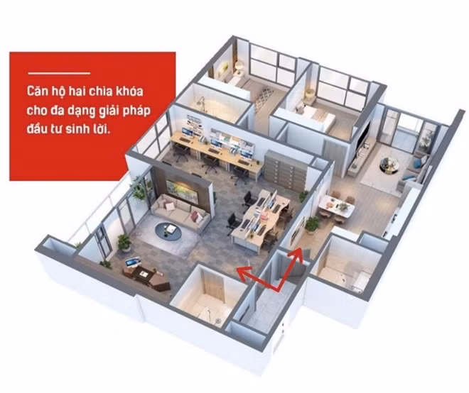 Thiết kế phối cảnh 3D mặt bằng căn hộ Dual key tại Vinhomes West Point