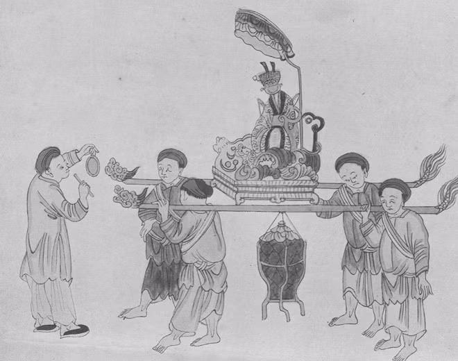 Tranh vẽ minh họa cảnh rước Thành hoàng làng!