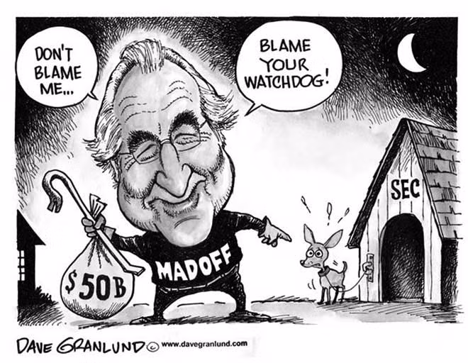 Tranh biếm họa của Dave Granlund đăng trên Eideard mỉa mai việc Madoff đã qua mặt SEC để lừa 50 tỷ USD như thế nào.