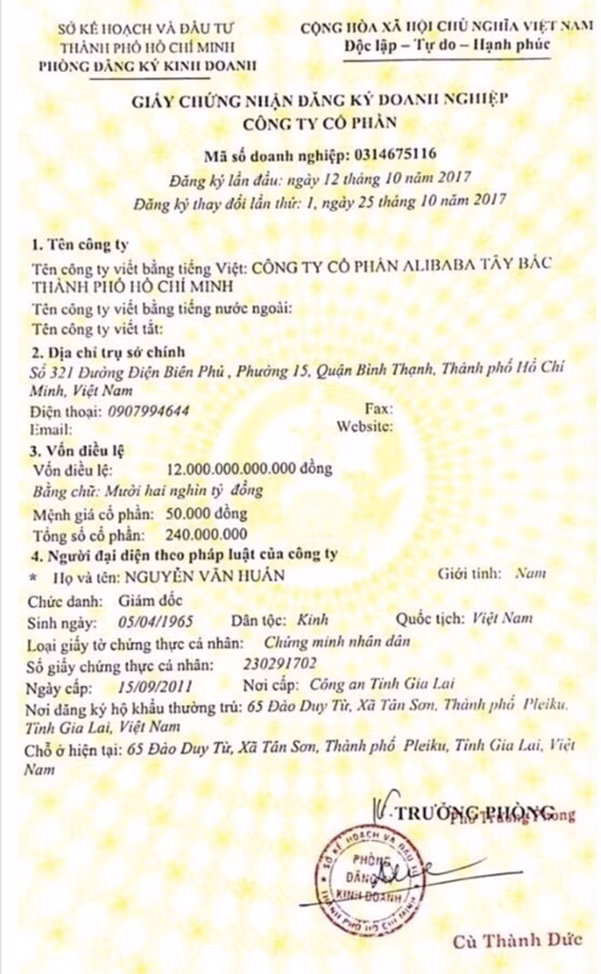Công ty cổ phần Alibaba Tây Bắc với vốn điều lệ 12.000 tỷ đồng.