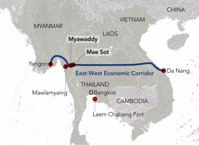 Hành lang Kinh tế Đông - Tây với cực Đông là Đà Nẵng, cực Tây là Yangon.