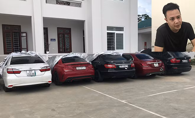 Đối tượng Trần Huỳnh Đức và 5 xe ô tô hạng sang bị thu giữ.