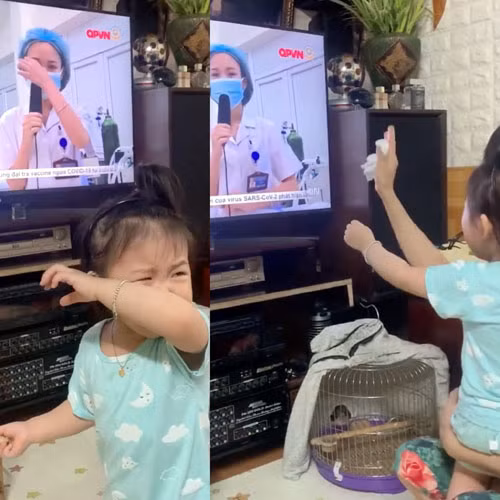 Bé gái khóc đòi mẹ bế khi nhìn thấy mẹ trên TV.