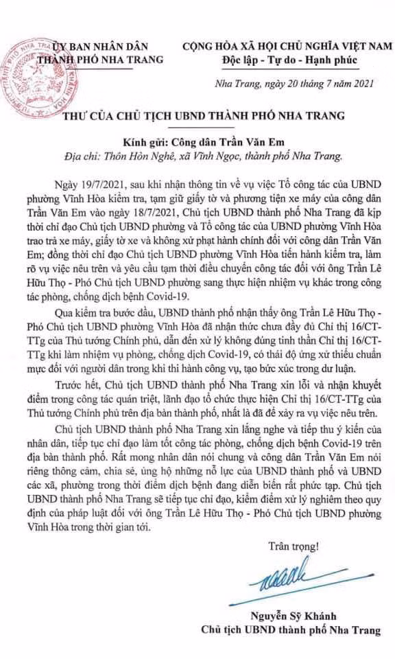 Bức thư của ông Nguyễn Sỹ Khánh - Chủ tịch UBND TP. Nha Trang gửi xin lỗi công dân Trần Văn Em.