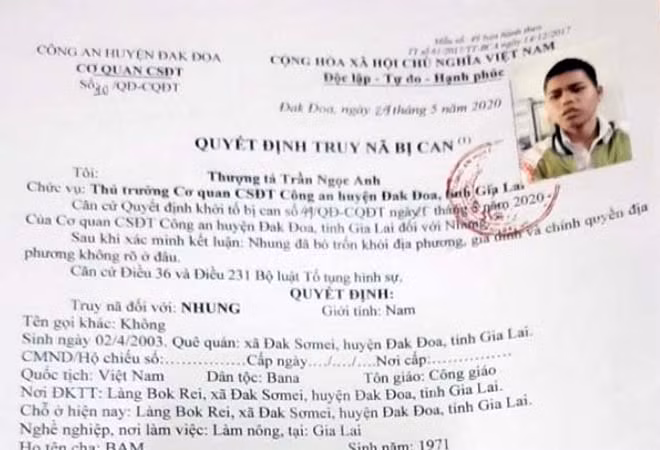 Quyết định truy nã đối tượng Nhung.