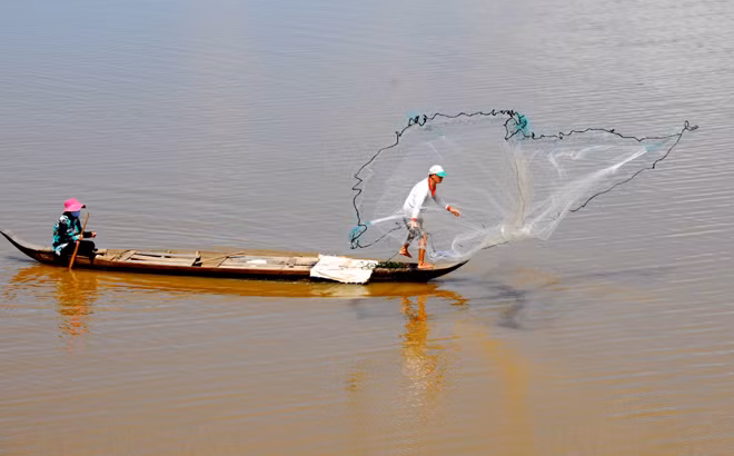 Cặp vợ chồng mưu sinh vào mùa nước nổi. Ảnh: Lê Hoàng Vũ
