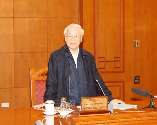 Tổng Bí thư, Chủ tịch nước Nguyễn Phú Trọng, Trưởng Tiểu ban Nhân sự Đại hội XIII của Đảng phát biểu chỉ đạo cuộc họp. Ảnh: Trí Dũng/TTXVN