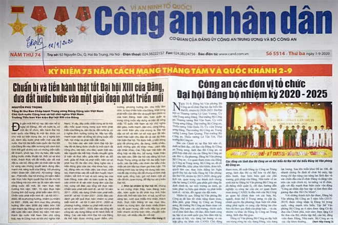 Lưu bút của Tổng Bí thư, Chủ tịch nước Nguyễn Phú Trọng trên số báo CAND ra ngày 1/9/2020. Lưu bút của Tổng Bí thư, Chủ tịch nước Nguyễn Phú Trọng trên số báo CAND ra ngày 1/9/2020.