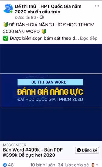 Ảnh chụp một trang rao bán đề thi đánh giá năng lực Đại học Quốc gia TP Hồ Chí Minh năm 2020 trên Facebook (Nguồn ảnh: Tuổi trẻ online)