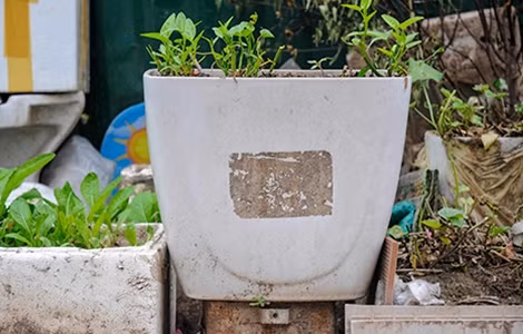Không chỉ có thùng xốp, nhiều vật dụng hỏng như bồn cầu… cũng được người dân tại đây tận dụng để trồng rau.
