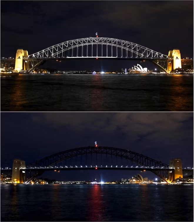 Những biểu tượng của Austrailia như nhà hát Sydney hay cầu Harbour truớc sau khi tắt đèn hưởng ứng Giờ Trái Đất 2016. Ảnh: Reuters.