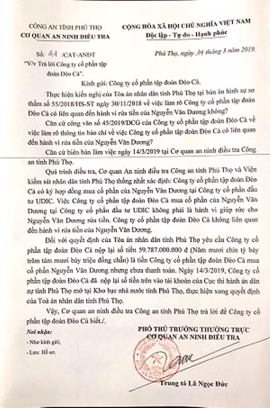 Công an tỉnh Phú Thọ có công văn khẳng định Công ty CP Tập đoàn Đèo Cả có liên quan đến hành vi rửa tiền của “trùm cờ bạc” Nguyễn Văn Dương